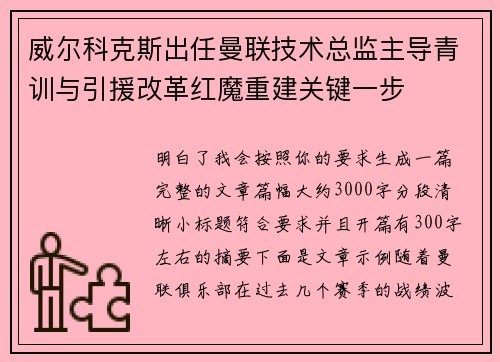 威尔科克斯出任曼联技术总监主导青训与引援改革红魔重建关键一步